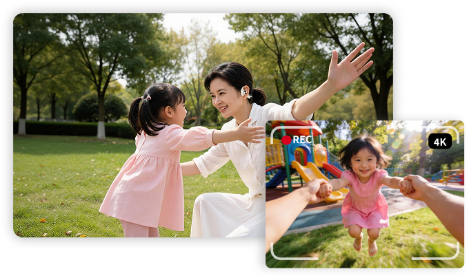 第一视角记录:妈妈与孩子在公园拥抱,右下角画中画回放 4K 画面